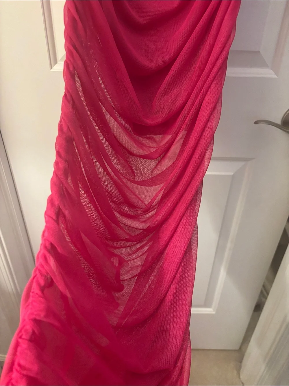Fashion Nova Magenta Off-Shoulder Ruched Long Sleeve Gown - Picture 4 of 4